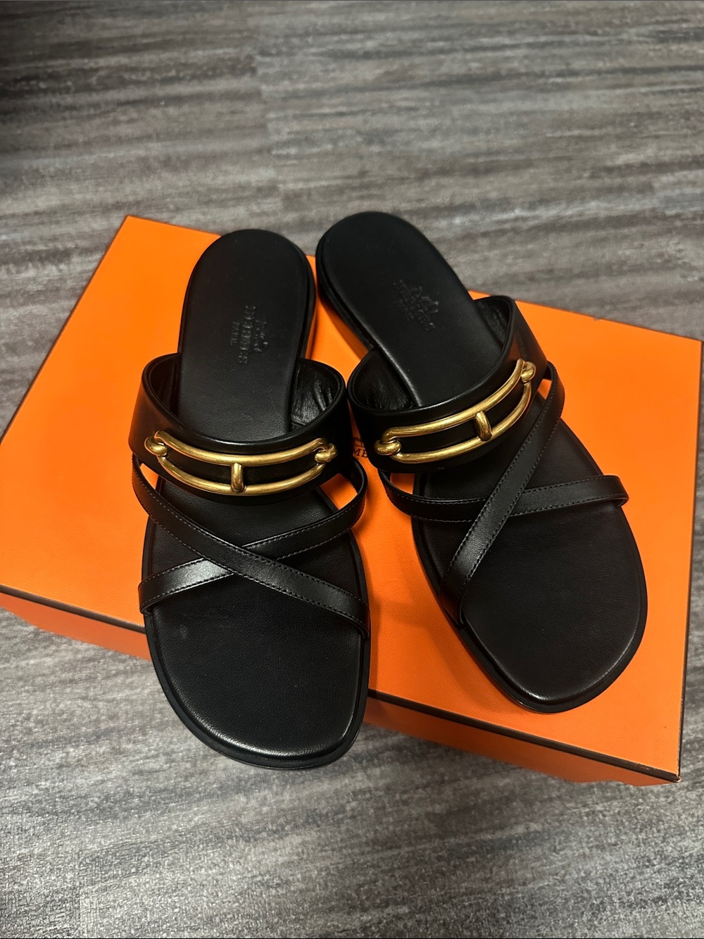 Hermes Black Leather Slide Sandals with Gold Hardware